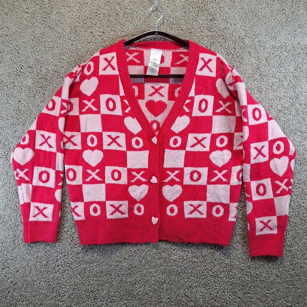 Serra Cardigan Womens M Pink Red XOXO Heart Checkerboard Valentine Knit Sweater